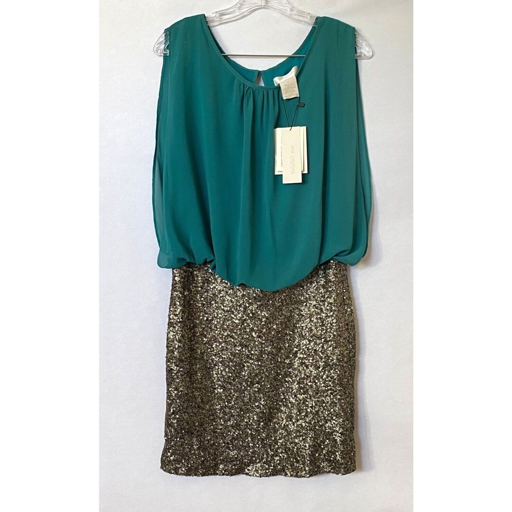 MM Couture by Miss Me Dress Womens Small Teal Chiffon Gold Sequin Multim…